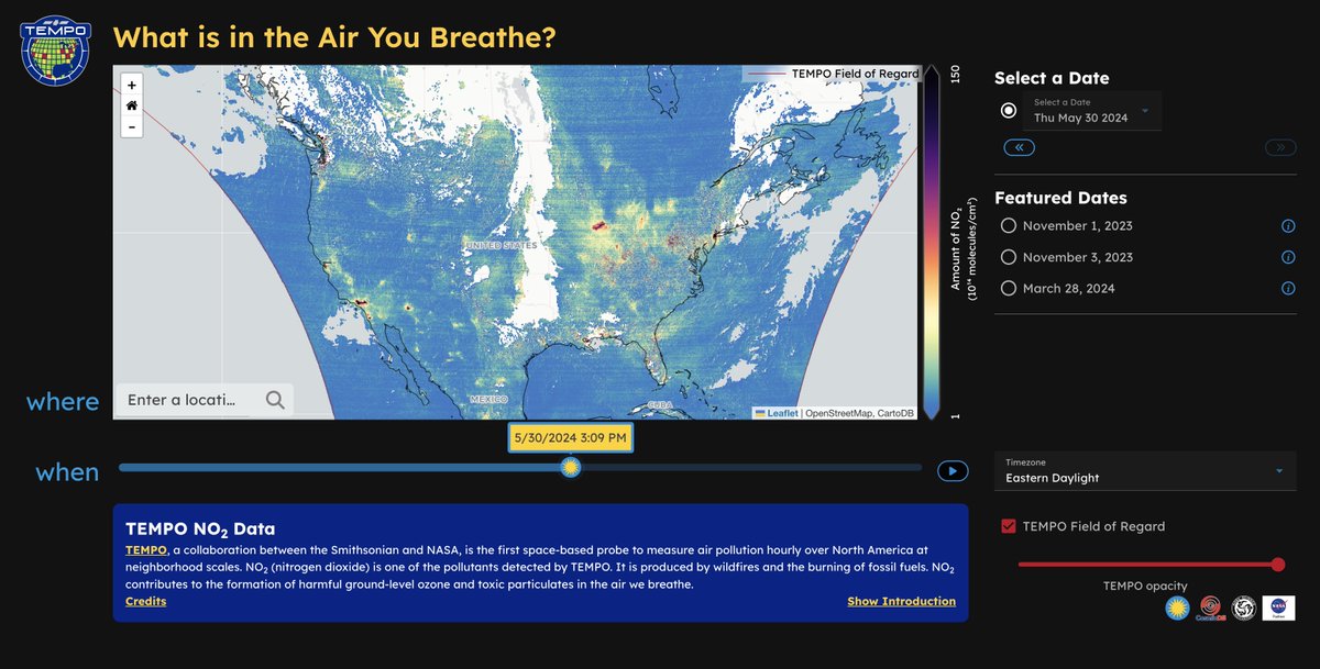 TEMPO Mission (@tempo_mission) on Twitter photo Excited for our new #AirQuality data, but not sure where to start? Check out the new data tool created by the <a href="/CosmicDataStory/">Cosmic Data Stories</a> team for an introduction to what can be seen in TEMPO NO2 data!
What's in the air you #breathe? Excited for our new #AirQuality data, but not sure where to start? Check out the new data tool created by the <a href="/CosmicDataStory/">Cosmic Data Stories</a> team for an introduction to what can be seen in TEMPO NO2 data!
What's in the air you #breathe?