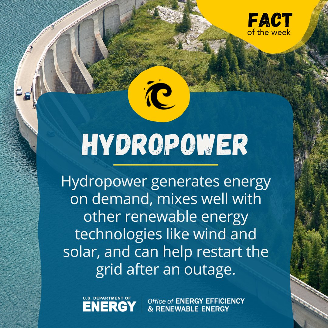 It's #FactFriday!   

Did you know that #Hydropower 💧 first lit up a theatre over 100 years ago? Talk about a spark! ✨ 

With innovation and investment from @ENERGY, we're shaping an even brighter, cleaner future with hydropower. Dive into the details: energy.gov/eere/articles/…