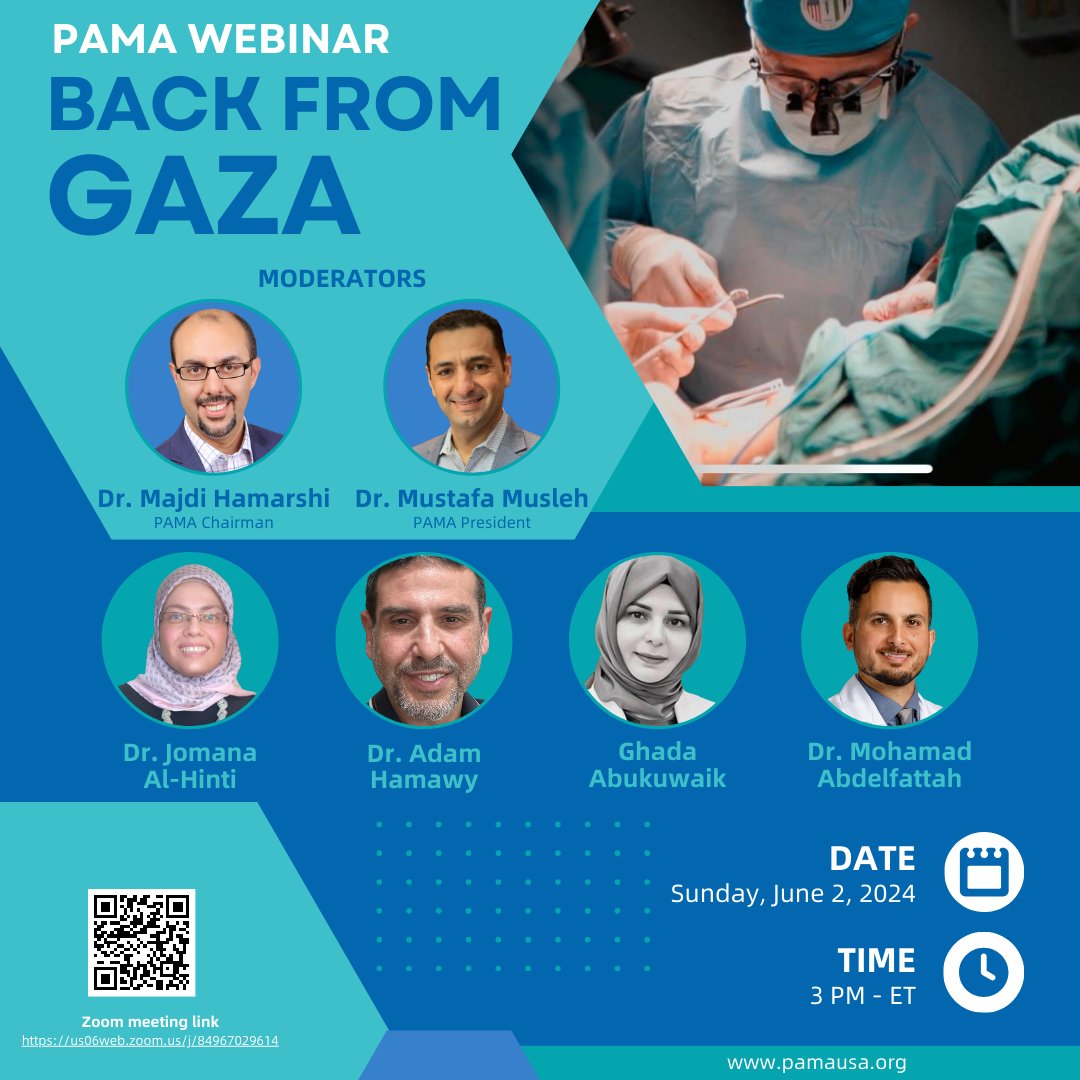 Meet a group of medical professionals who came back from Gaza as part of PAMA/JAPA medical missions. Learn about the challenges and the situation on the ground. Date: Sunday, June 2, 2024 Time: 3 pm ET You can join the webinar using this zoom link us06web.zoom.us/j/84967029614