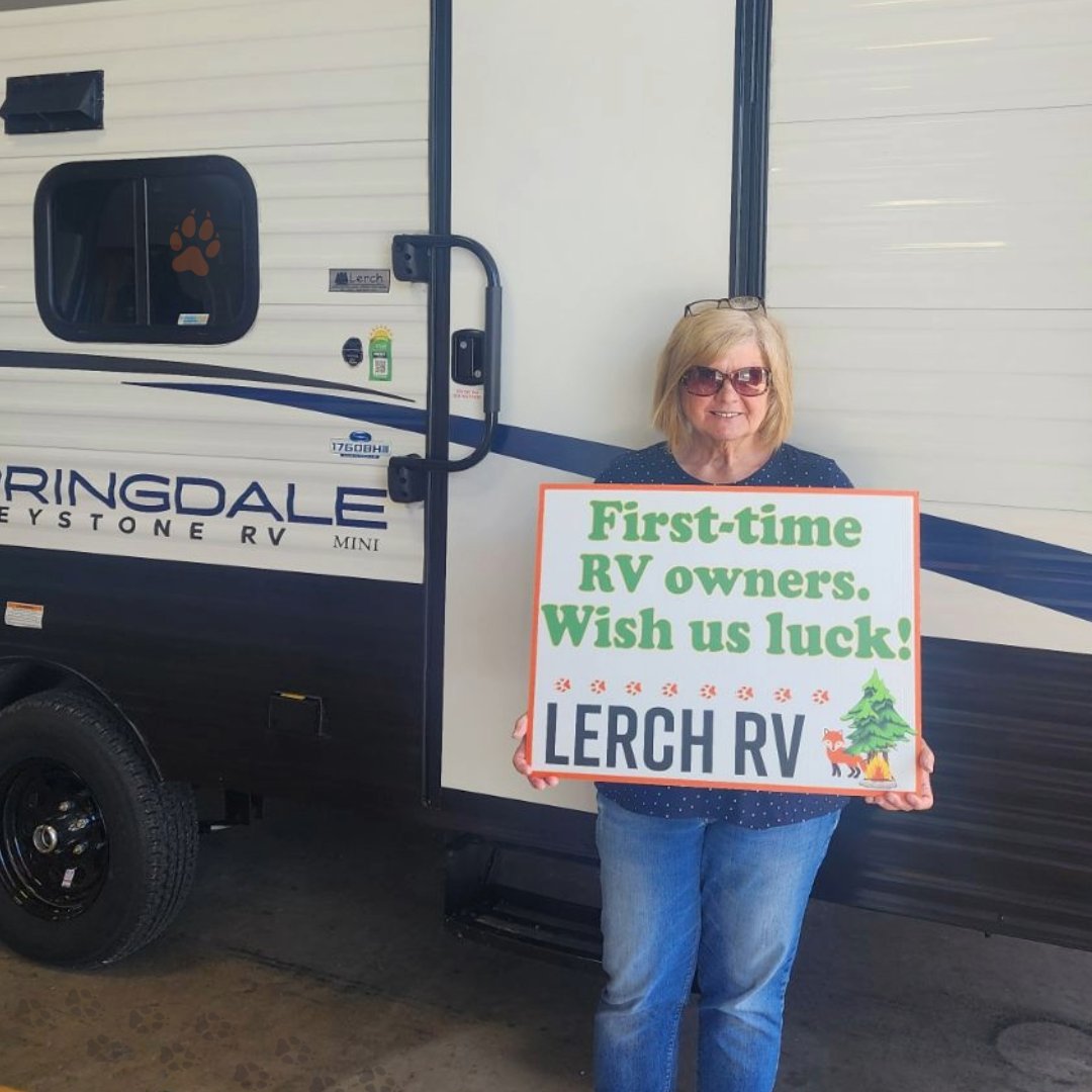 Debra is a first-time RV owner. She recently towed her new Springdale 1760BH home to good old Bellefonte, PA. We and our other fine customers wish her luck as she sets out to make some great camping memories. #goRVing #happycamper #smile #signholding #wishmeluck #followthefox