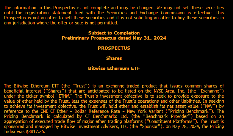 JSeyff's tweet photo. And there's @bitwise's Ethereum ETF S-1 amended filing. Bitwise has also not given a fee yet. https://t.co/BU7UEMbmkl