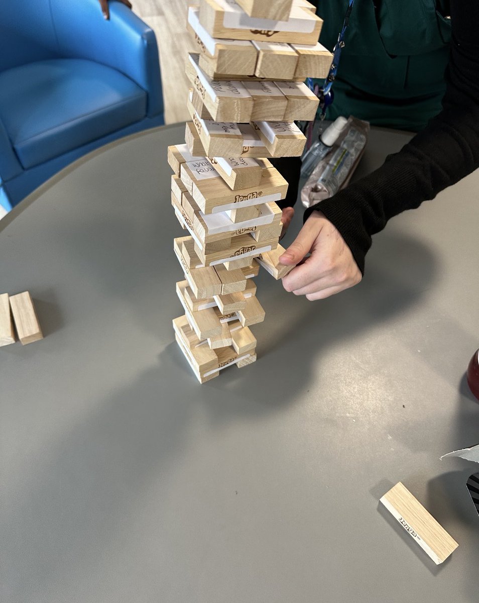 Ellie_Eagleton's tweet photo. We had a super intense game of Jenga this week during our well-being Wednesday. Every block had a fun question to break the ice and help us get to know each other.

#TakeAlookatMeadowbrook 
#ThatEagletonEnergy https://t.co/TlzQUg69AH