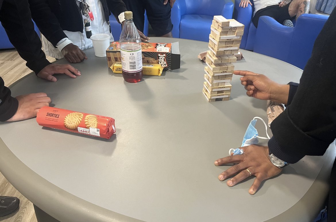 Ellie_Eagleton's tweet photo. We had a super intense game of Jenga this week during our well-being Wednesday. Every block had a fun question to break the ice and help us get to know each other.

#TakeAlookatMeadowbrook 
#ThatEagletonEnergy https://t.co/TlzQUg69AH