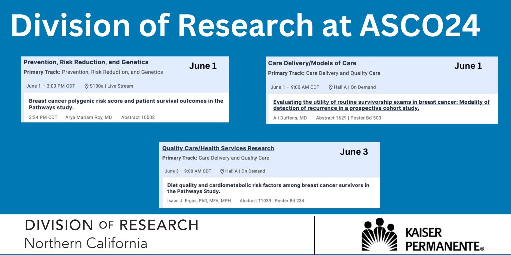 Kaiser Permanente Research NorCal (@kpdor) on Twitter photo At <a href="/ASCO/">ASCO</a> #ASCO24? Make sure these <a href="/KPDOR/">Kaiser Permanente Research NorCal</a>-authored research studies are on your calendar for June 1 and June 3: <a href="/ijergas/">Isaac Ergas</a> <a href="/Rayliukpsfo/">Raymond Liu</a> <a href="/marilyn_kwan/">Marilyn Kwan</a> <a href="/kpnorcal/">KPNorthernCal</a> @KPancerRsrch At <a href="/ASCO/">ASCO</a> #ASCO24? Make sure these <a href="/KPDOR/">Kaiser Permanente Research NorCal</a>-authored research studies are on your calendar for June 1 and June 3: <a href="/ijergas/">Isaac Ergas</a> <a href="/Rayliukpsfo/">Raymond Liu</a> <a href="/marilyn_kwan/">Marilyn Kwan</a> <a href="/kpnorcal/">KPNorthernCal</a> @KPancerRsrch