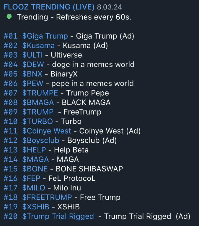 GIGATRUMPCOIN's tweet photo. WE ARE LIVE TRENDING ON @FLOOZ_XYZ 

https://t.co/17vGzn8e6P

WHICH PLATFORM WILL THE $GTRUMP DOMINATE NEXT?

#TRUMP2024 #POLITIFI #GIGATRUMP https://t.co/l8PNhyCQP5