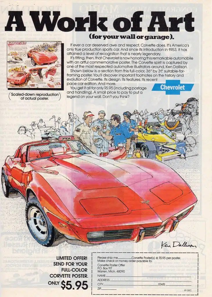 A Work of Art (for your wall or garage)

The Corvette has affained a level of recognition that is nearly legendary.

The Corvette spirit is captured in an artful commemorative poster by one of the most respected automotive illustrators around, Ken Dallison. 

#VintageAd  1979/80