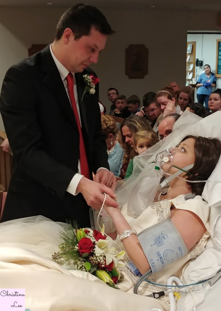 Photo taken in 2017 at the wedding of Heather and David Mosher. Heather was battling advanced breast cancer but found the strength to marry the love of her life just 18 hours before passing away. Her last words were the vows she recited to her husband.

David later stated: “As we