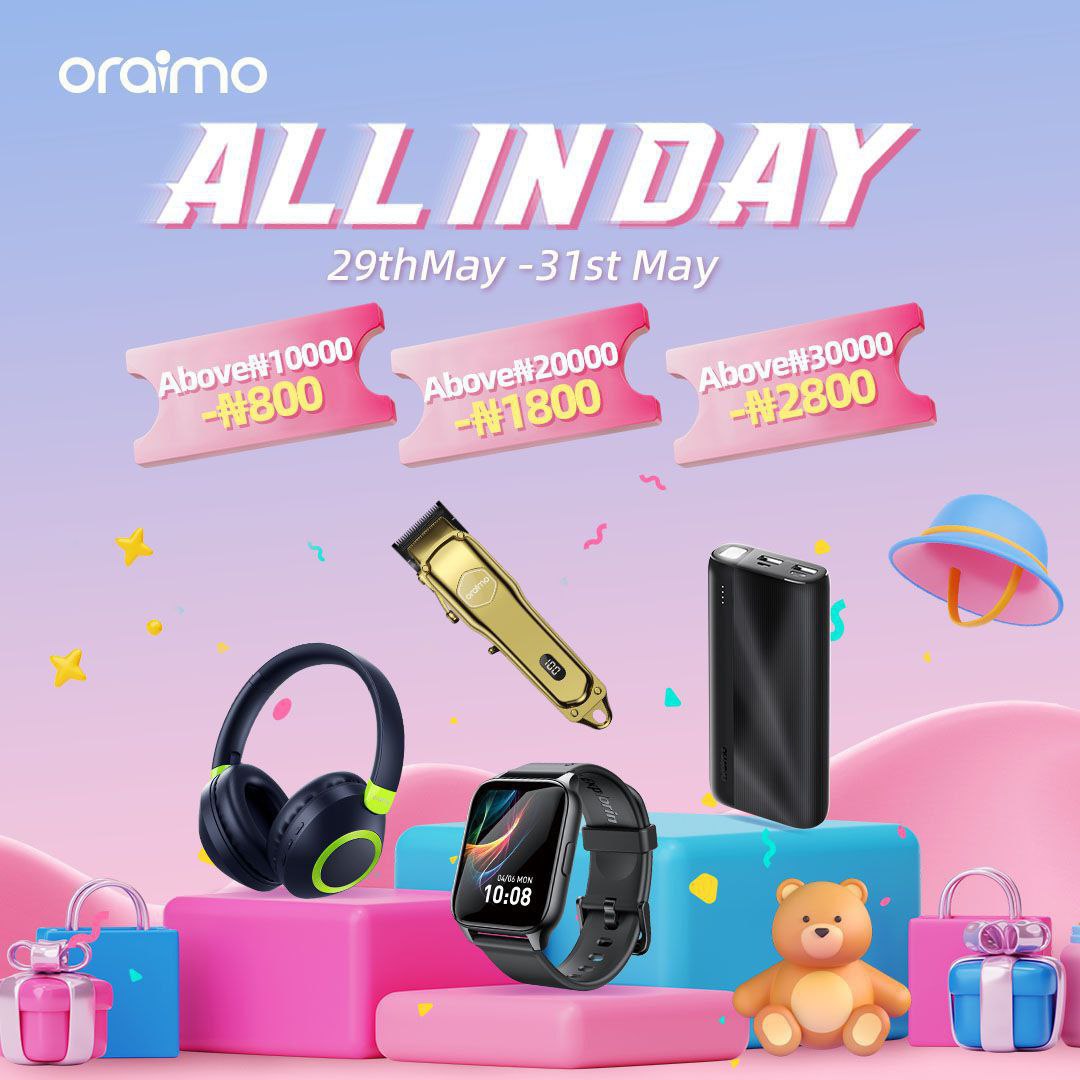 LAST CHANCE🚨 

Level up your tech game with fantastic discounts of up to ₦2800 off during oraimo's ALL IN DAY SALE from 29th May - 31st May 📌 

Hurry....Offer Ends TONIGHT!⏳

🔗 ng.oraimo.com/?affiliate_cod…

‼️Use Discount Code: 4JORL6KF4GTA
🚚 PAYMENT ON DELIVERY

#oraimoAllinDay
