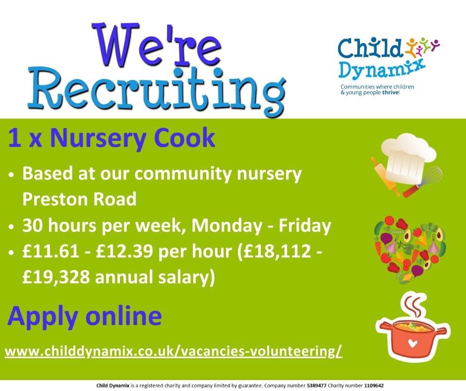 We are looking to recruit #NurserCook within our Child Dynamix Community Nursery - Preston Road.
If you would like to work in our #FoodStandardsAgency #Rated5 #TopMarks Kitchen in our <a href="/Ofstednews/">Ofsted</a> rated #Good
#CommunityNursery 
childdynamix.co.uk/vacancies-volu…