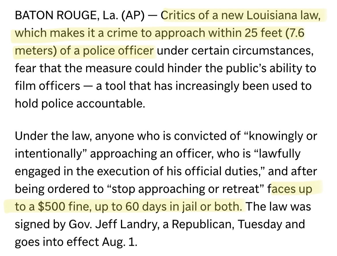 The fascists in Louisiana have made it a crime to record a cop within 25 feet. You can now be arrested for exercising your first amendment.

apnews.com/article/police…