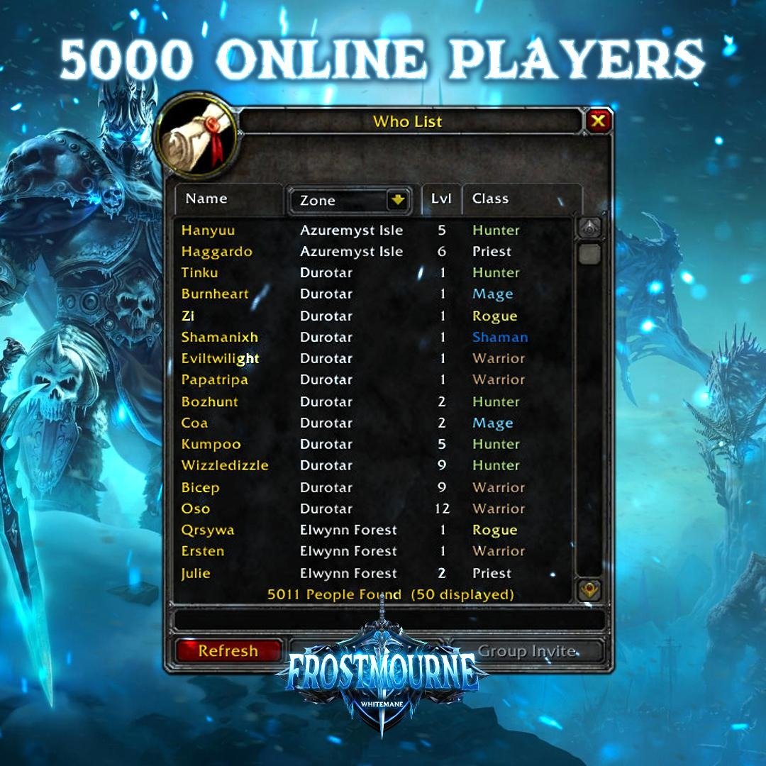 itswhitemane's tweet photo. Frostmourne realm hits 5k concurrent players on launch day! 🌟

Despite the beautiful Friday evening weather 🌞, Frostmourne has defied all expectations by reaching 5k concurrent players at launch! This incredible turnout makes it the most anticipated and the best WotLK realm. https://t.co/0txMajYarK