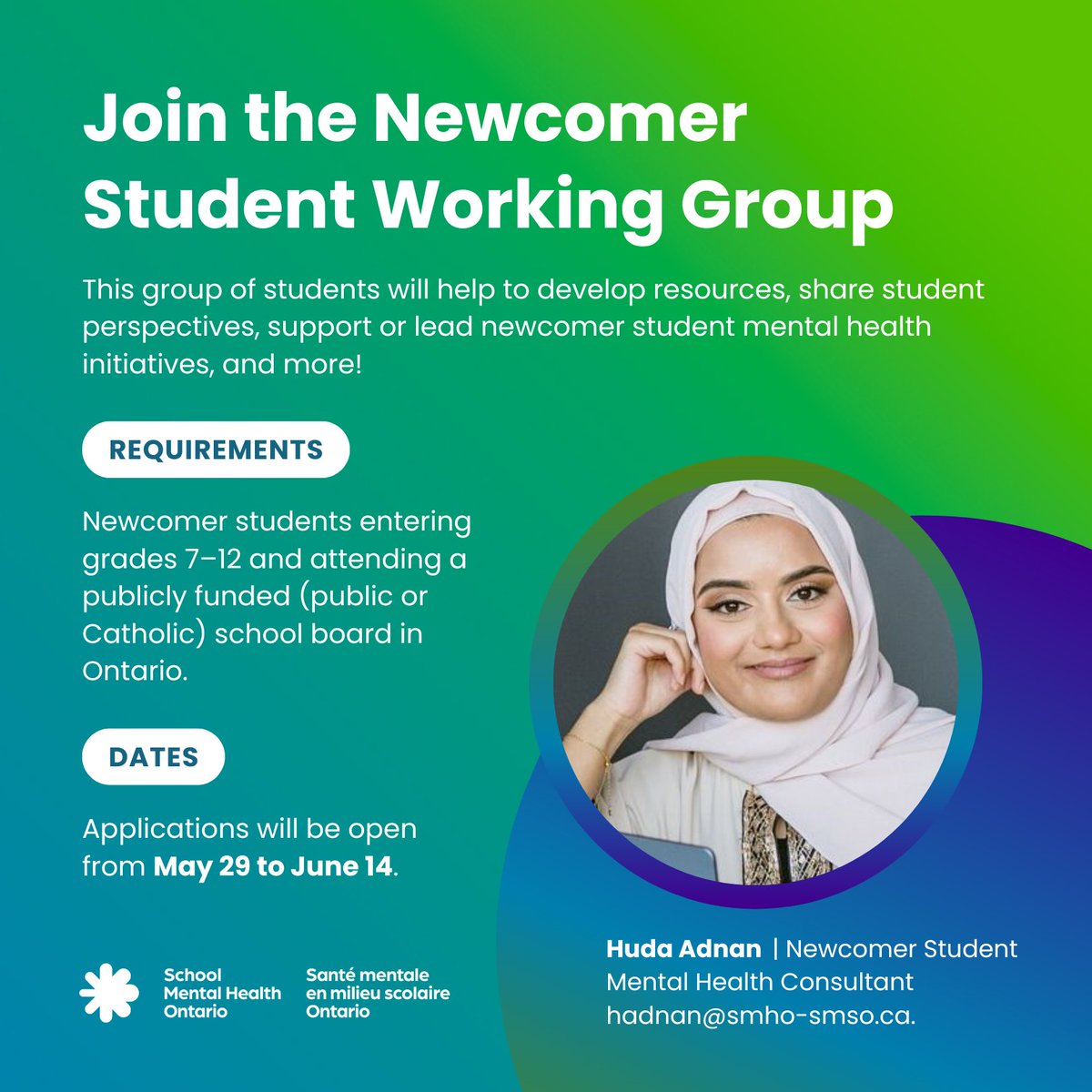 Exciting opportunity for students! Join our first summer Newcomer Student Working Group. Gain leadership skills, build relationships, &amp; make a change. Please share this opportunity with newcomer students in your networks. <a href="/noorelhudacares/">Huda A.</a> 
smho-smso.ca/newcomer-stude…