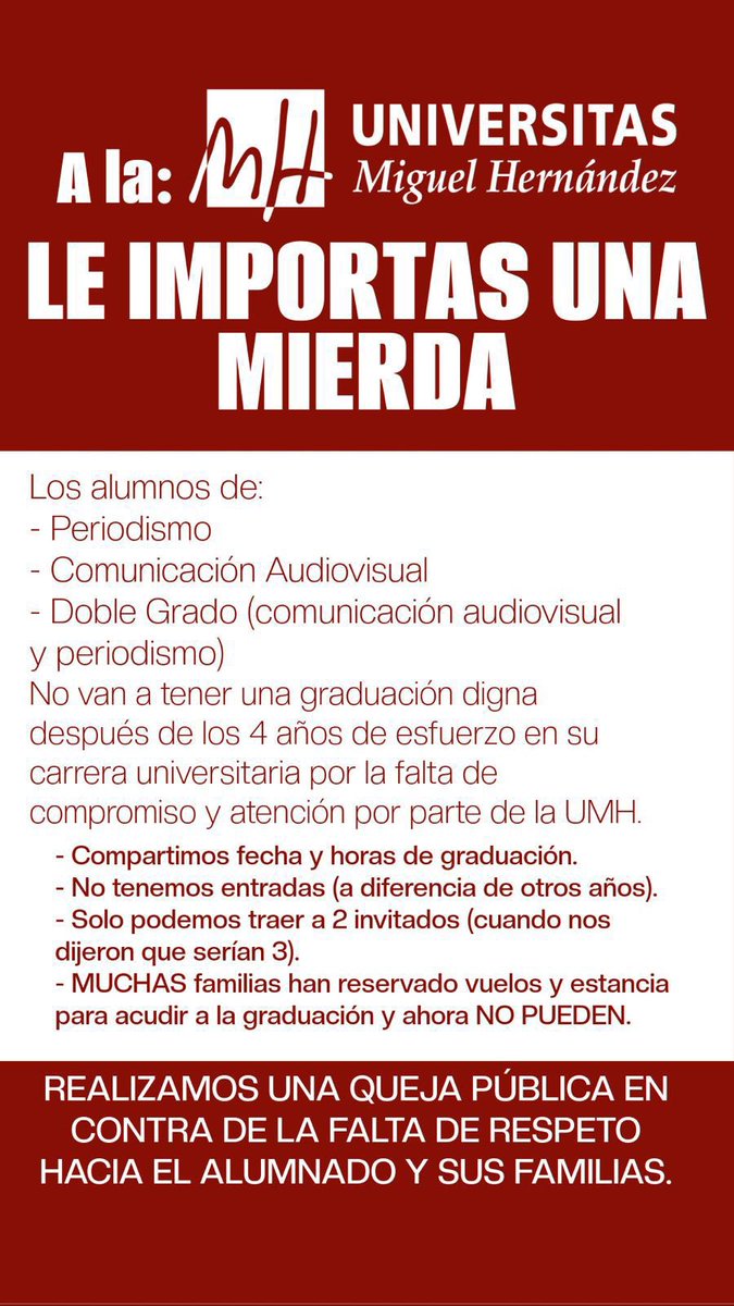 5 años de doble grado y arruinándome económicamente para no tener una graduación digna <a href="/UniversidadMH/">UMH</a> <a href="/Delegacion_umh/">Delegación de Estudiantes UMH</a> <a href="/estudios_umh/">Estudios UMH</a> <a href="/PeriodismoUMH/">Periodismo UMH</a> <a href="/cauumh/">Grado Comunicación Audiovisual UMH</a> <a href="/RADIO_UMH/">RADIO UMH</a> <a href="/EnterateUmh/">Entérate UMH</a>