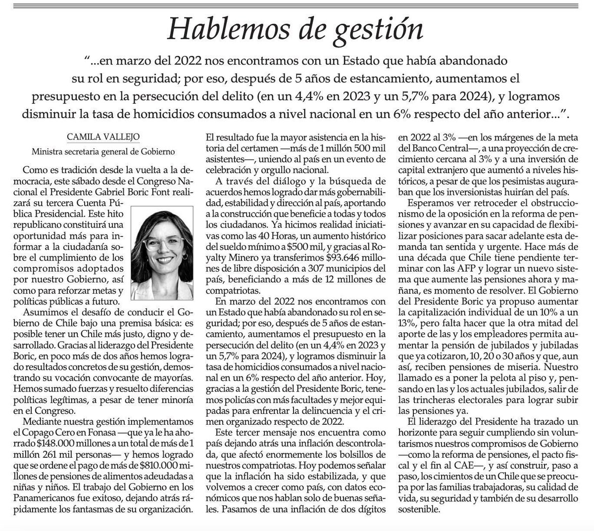 Muy buena columna de la ministra <a href="/camila_vallejo/">Camila Vallejo Dowling</a> previa a la #CuentaPública2024 resaltando los logros para Chile