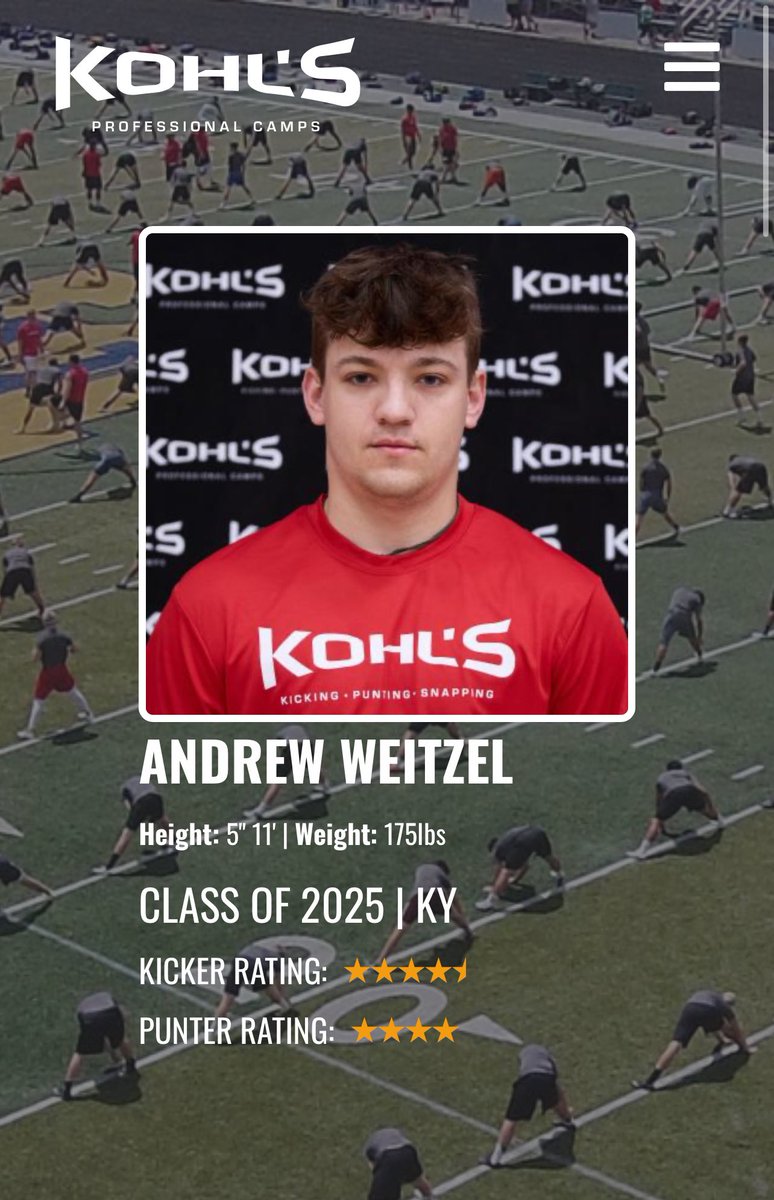 I recently attended the Kohls Midwest Ranking Camp in Chicago and I have been ranked as a 4.5 Kicker and a 4 Punter. <a href="/KohlsKicking/">Kohl's Kicking Camps</a> <a href="/CovCathFBAlumni/">CCH Football Alumni</a> <a href="/CovCathColonels/">Cov Cath Colonels</a> <a href="/CovCathFootball/">Cov Cath Football</a> <a href="/D_Madden_Punter/">Coach Dan Madden</a>