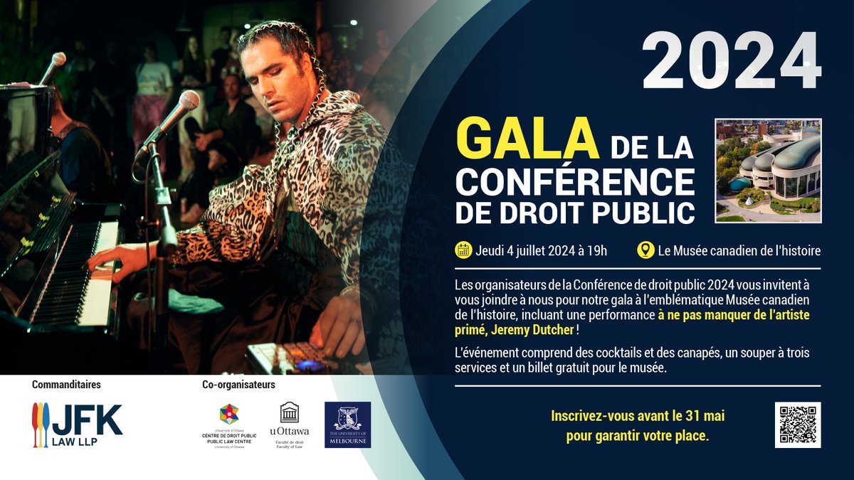 La date limite pour l'inscription à la Conférence de droit public, incluant le gala, est remise au 12 juin 2024. Inscrivez-vous pour le gala de la Conférence de droit public 2024: publiclawdroitpublic.ca/public-law-con… Nous espérons vous y voir! #ConférenceDroitPublic2024