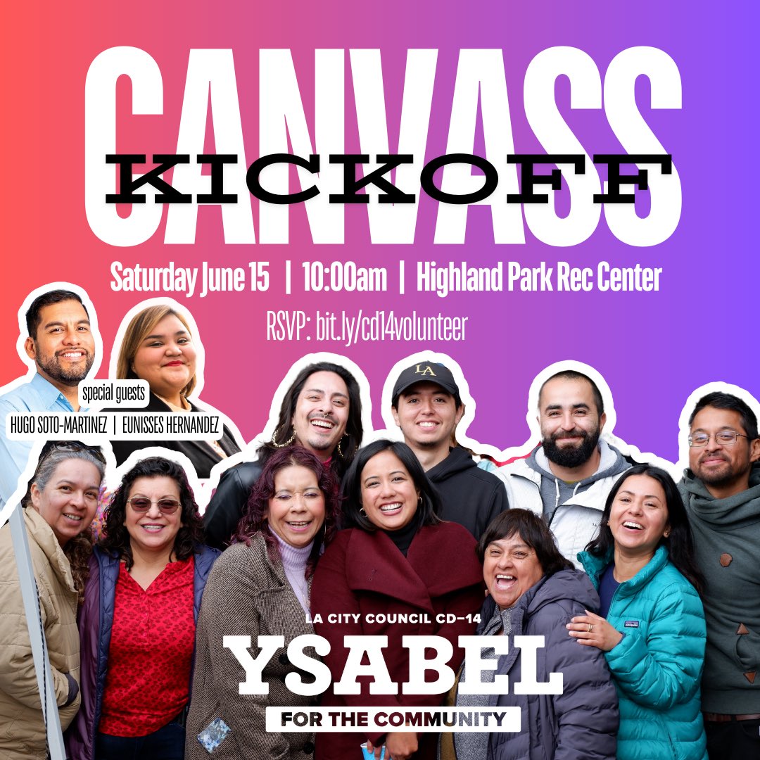 BIG NEWS!👀 We’ll be joined by none other than @HugoForCD13 and @EunissesH at our very first canvass of the season on Saturday June 15th at 10am! PULL UP to Highland Park Rec Center to see the new squad in action! 🤩 Don’t forget to rsvp: bit.ly/cd14volunteer See you there!