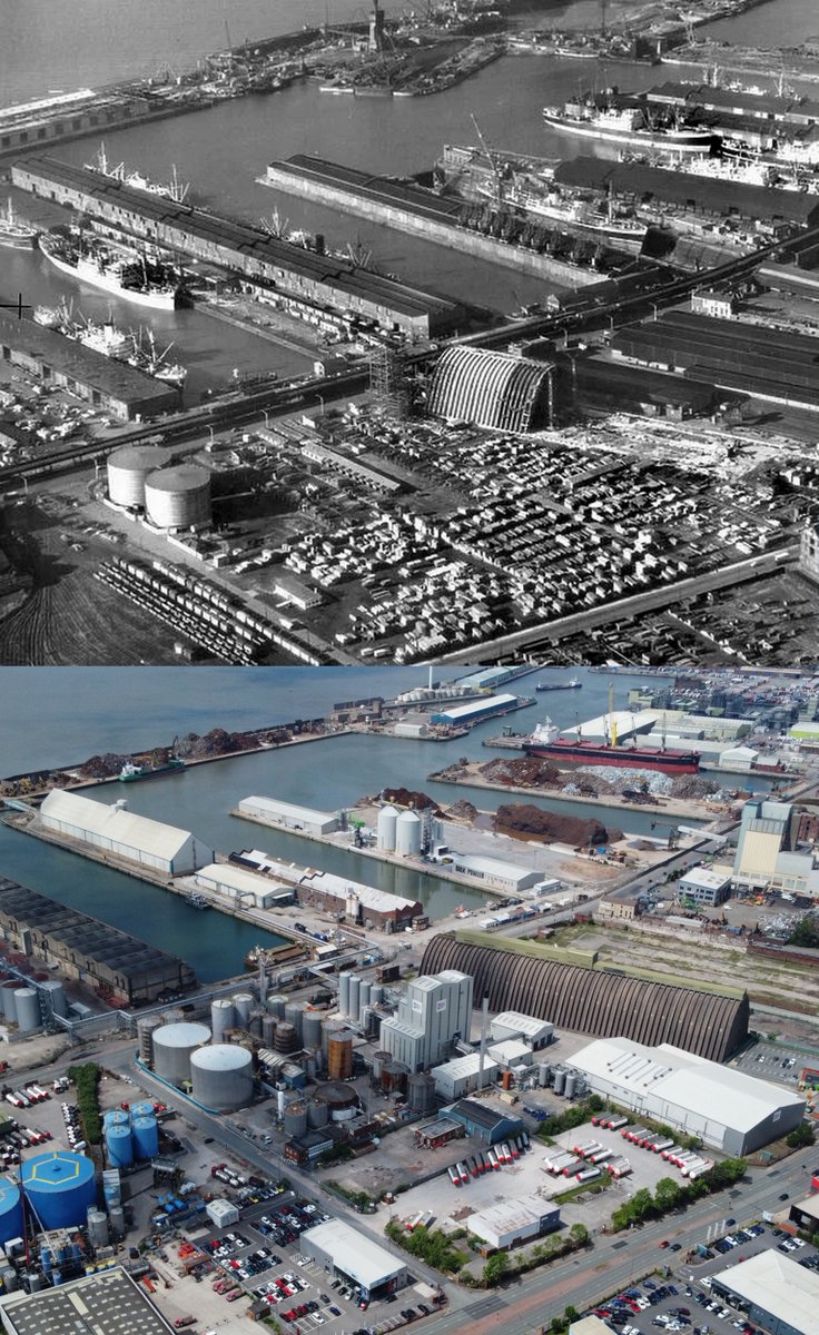 Huskisson and Canada Docks, 1956 and 2024 With the Tate and Lyle Silo under construction in the older photo - built between 1955-57 and now Grade II* listed