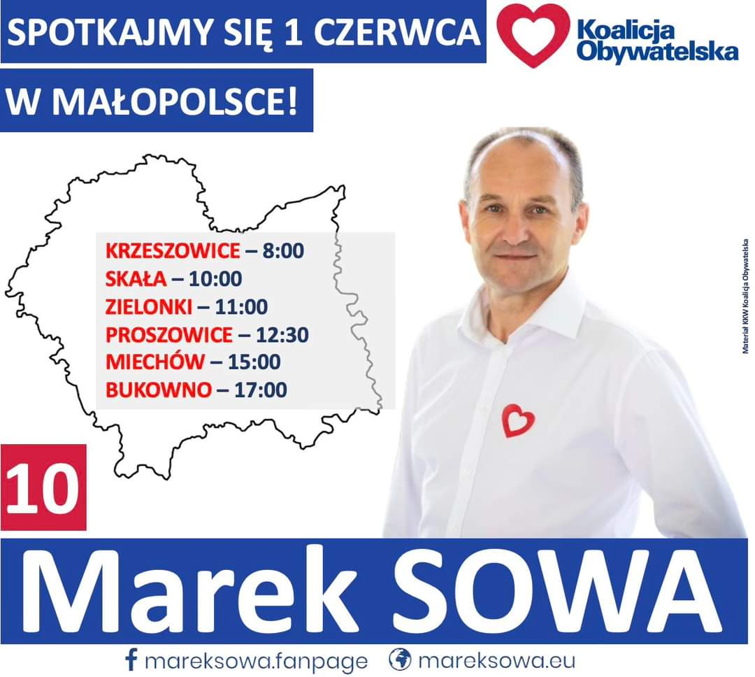 Już jutro widzimy się w Krzeszowicach, Skale, Zielonkach, Proszowicach, Miechowie i Bukownie🙂Do zobaczenia!

#SowaDoPE #IdziemyNaWybory