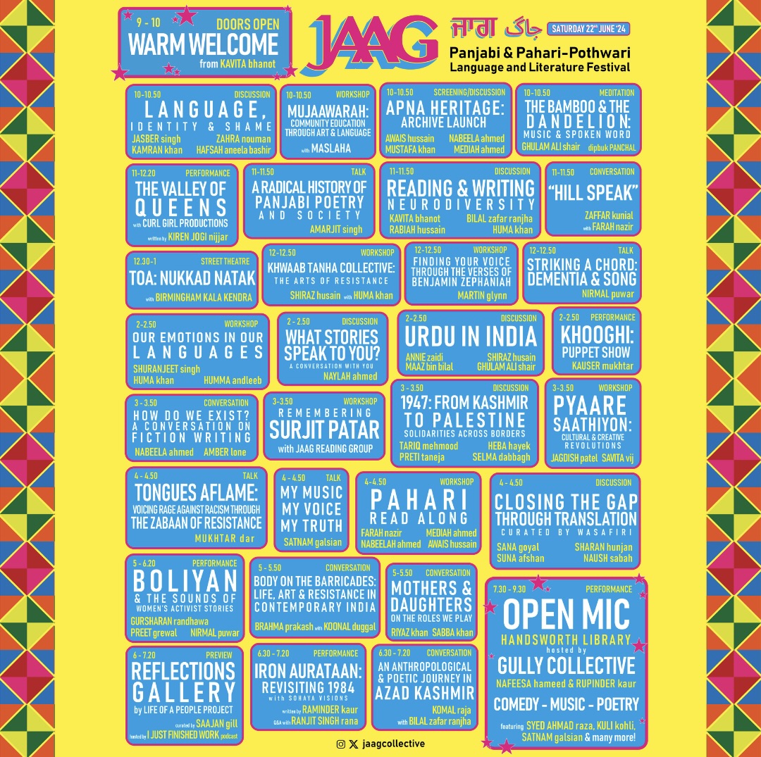 jaagcollective's tweet photo. 🥁 Beyond excited to unveil the JAAG 2024 programme! A jam-packed day of talks, workshops, performances &amp; more ft. academics, writers, performers, activists &amp; filmmakers. So many amazing events - choosing will be the hardest part! Tickets on Eventbrite - LINK IN BIO! 🎟️ https://t.co/wVvxcaqWEN