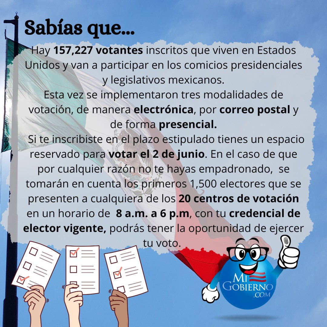 La comunidad migrante en Estados Unidos podrá ejercer su derecho al voto el 2 de junio en los comicios de México, los cuales son la presidencia de la República y por los integrantes del Senado. 

#migobiernocom #votacionesdeMéxico2024 #comunidadmigrante #presidente #senador