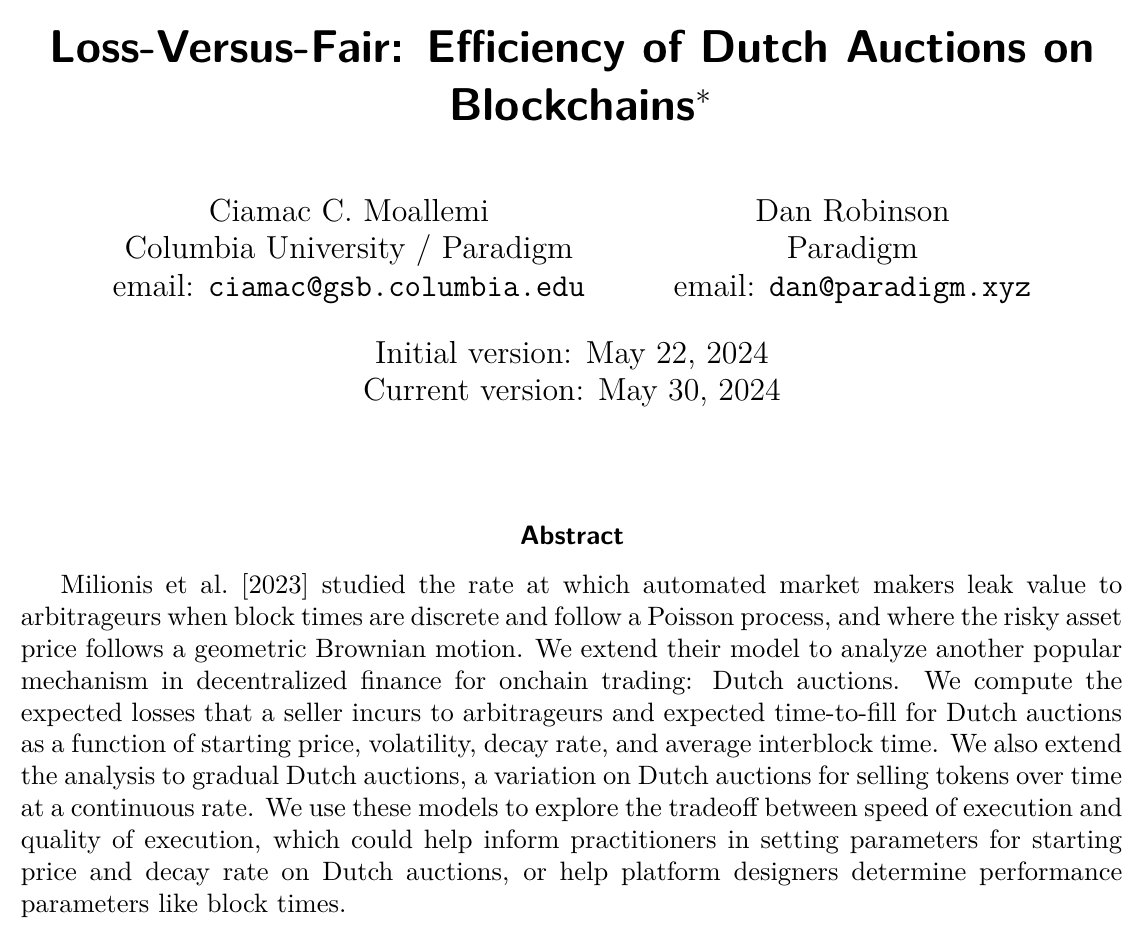 The two most popular mechanisms for onchain trading are AMMs and Dutch auctions. Both leak MEV to arbitrageurs.

For AMMs, this is now well understood as loss vs rebalancing (LVR).

What about Dutch auctions?

New paper with @danrobinson 🧵