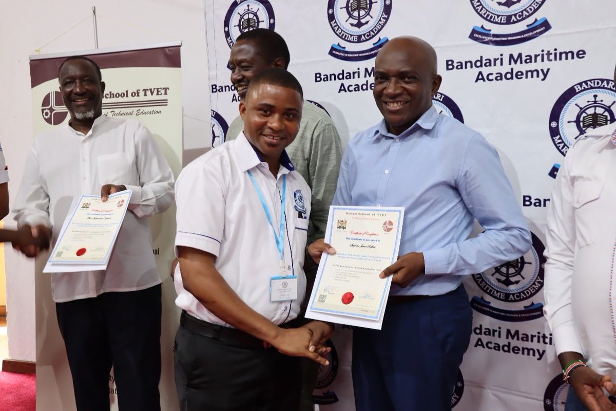 edwintarno's tweet photo. Today ⁦@kstvet⁩ completed a two week CBET training course for 28 trainers from bandari maritime academy in msa. PS ⁦@Muoria_Dr⁩ was represented by director Dr Kanyi .congratulations to all. https://t.co/rrydsFv8PN