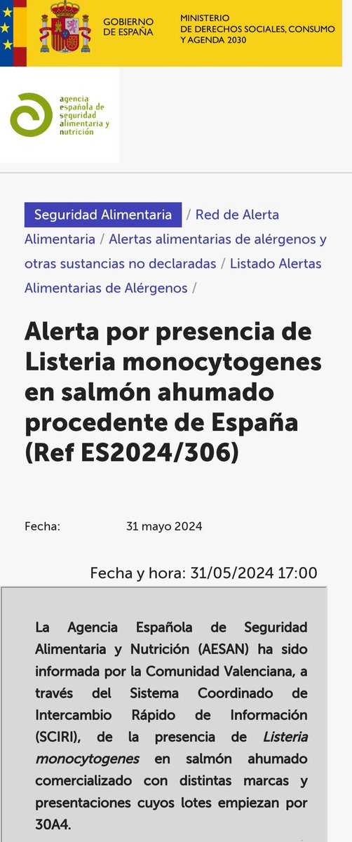 AESAN_gob_es's tweet photo. ⚠️ Alerta por presencia de Listeria monocytogenes en salmón ahumado comercializado con distintas marcas y presentaciones. 
🚫 No consumir 
📌https://t.co/Cemp7pLHt8 https://t.co/oidMeWvTAC
