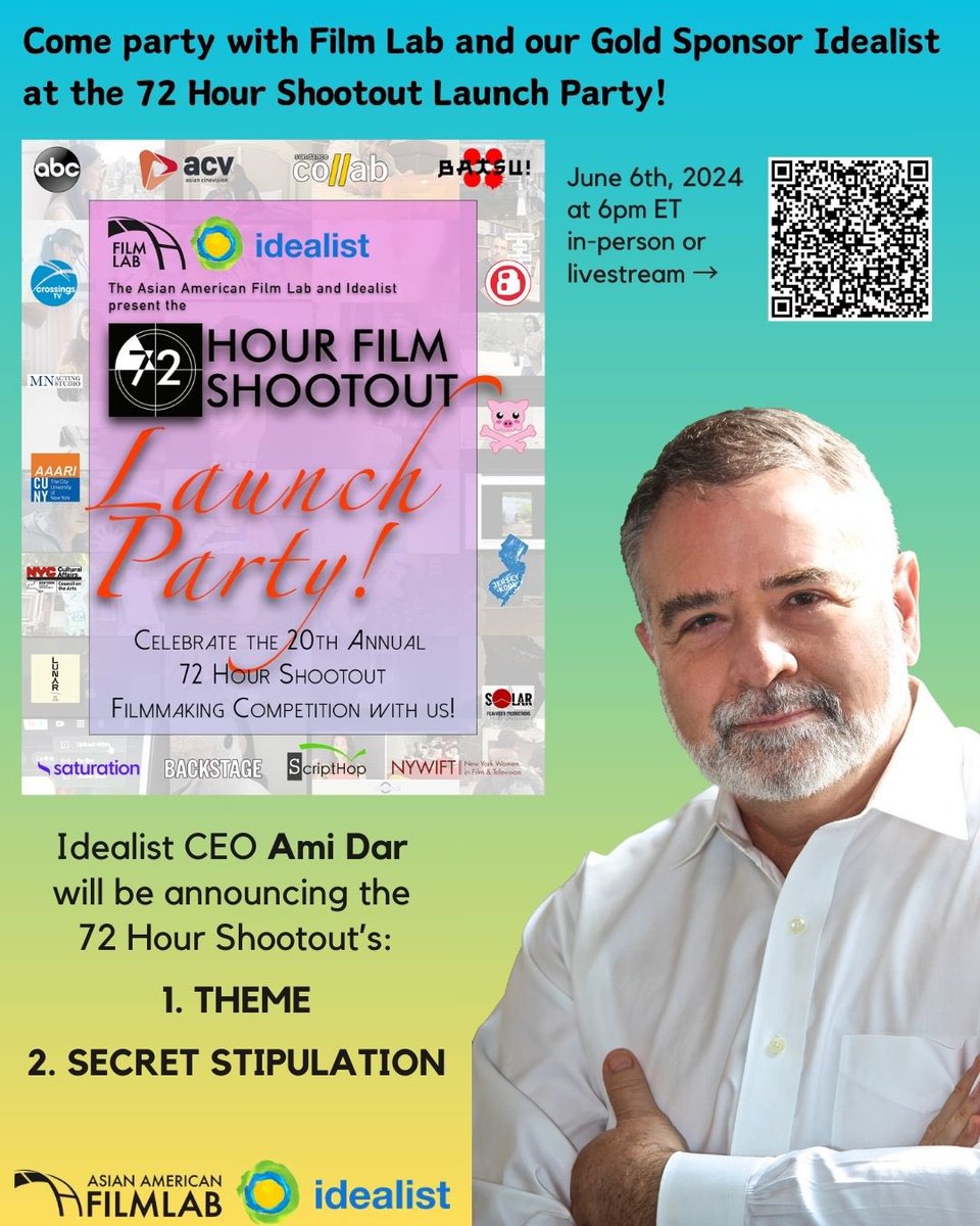 Kick off the 72 Hour Shootout at our Launch Party on June 6! <a href="/idealist/">Idealist</a> CEO <a href="/AmiDar/">Ami Dar</a> will announce the THEME and SECRET STIPULATION, which filmmakers will have to incorporate as they write, shoot and edit a 5 min film in 72 hours. Find out more at film-lab.org #72HrSO