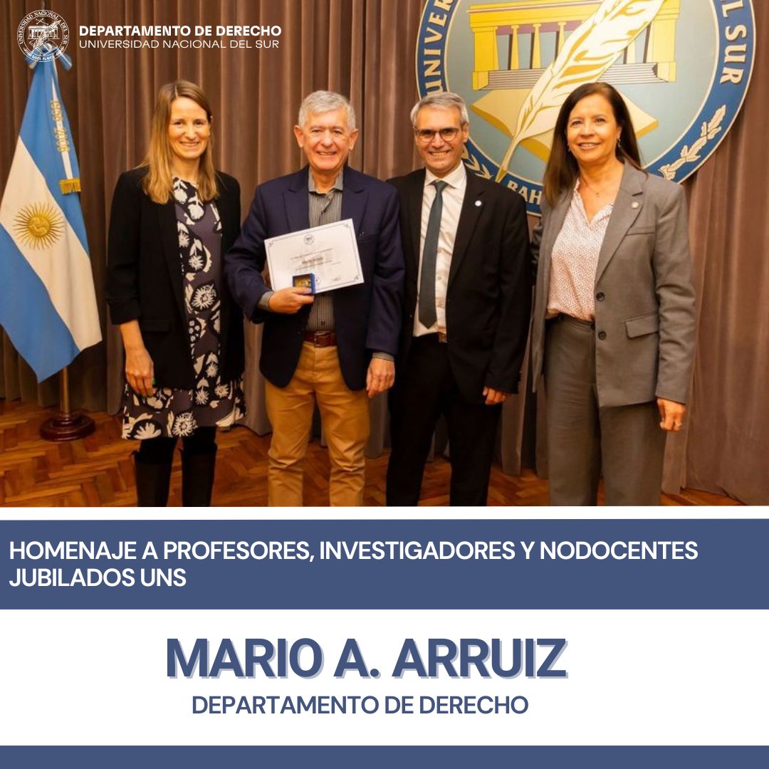 🎖 Ayer se homenajeó a los profesores, investigadores y Nodocentes jubilados de la UNS en el 1er semestre de 2023. 
El acto en el Aula Magna contó con la presencia del Rector, la Vicerrectora y los Decanos/as. 
Por #DerechoUNS se hizo el reconocimiento a Mario A Arruiz.-