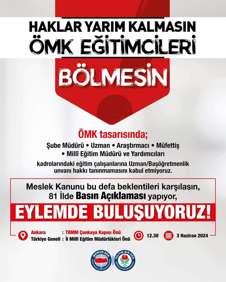 Murat__MENGEN's tweet photo. 👉 Şube Müdürleri
👉 Uzman ve Araştırmacılar
👉 Müfettişler
👉 İl ve İlçe Müdürleri
👉 İl Müdür Yardımcıları
👉 Tüm Eğitim Çalışanlarının 

Öğretmenlik Meslek Kanunun da yer alması, beklentilerinin karşılanması, HAK ların yarım kalmaması için;

"BASIN AÇIKLAMASI" yapıyoruz.

🗓️ 3 Haziran Pazartesi
🕧 12.30 
🚩 Sakarya Valiliği Kampüsü Adliye Kapısı Önü 

Tüm teşkilatımızı ve üyelerimizi davet ediyoruz.

@_aliyalcin_ | @EgitimBirSen 
@EBS_SAKARYA1

#egitimbirsensakarya
#yaparsaeğitimbirsenyapar
#iyikieğitimbirsenvar