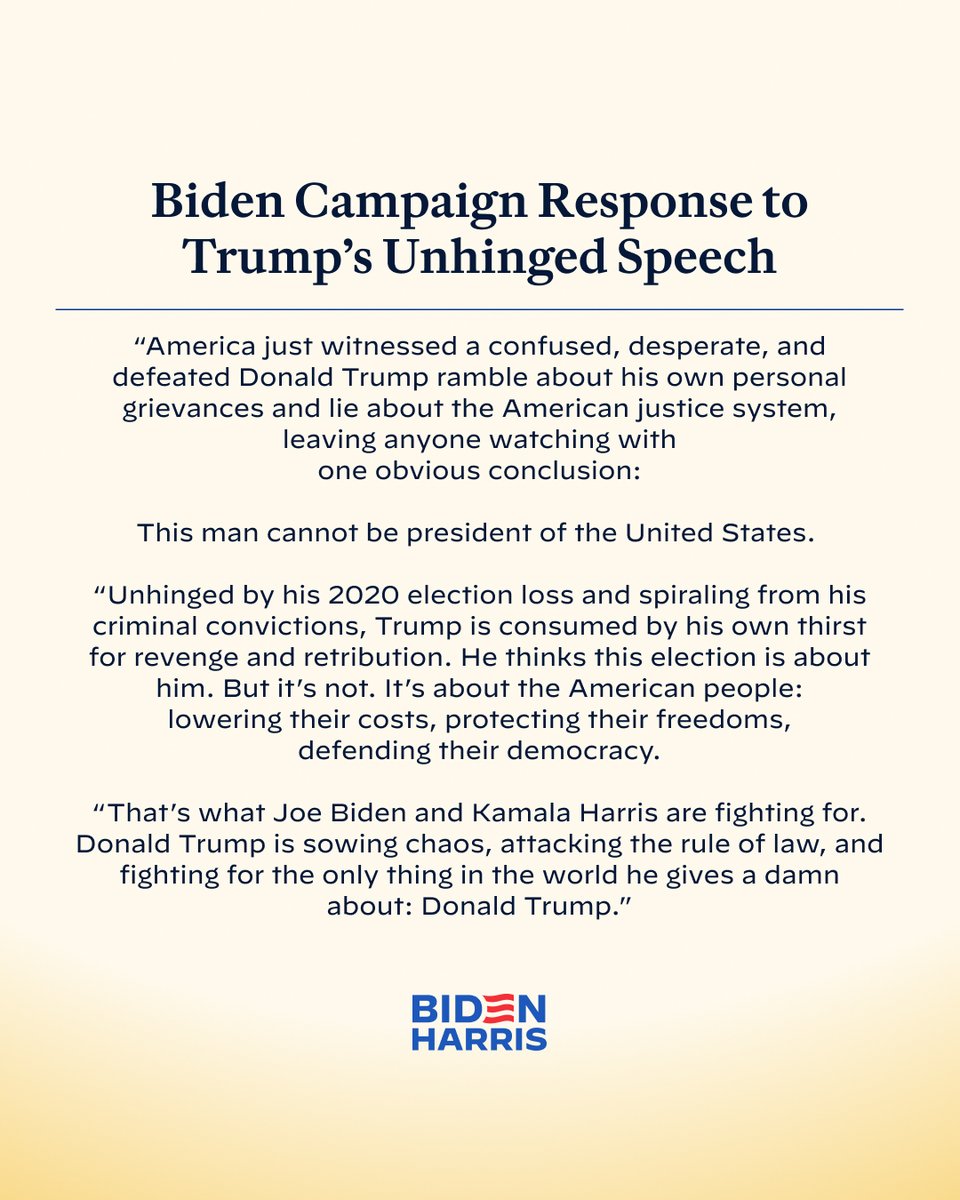 Biden Campaign Response to Trump’s Unhinged Speech