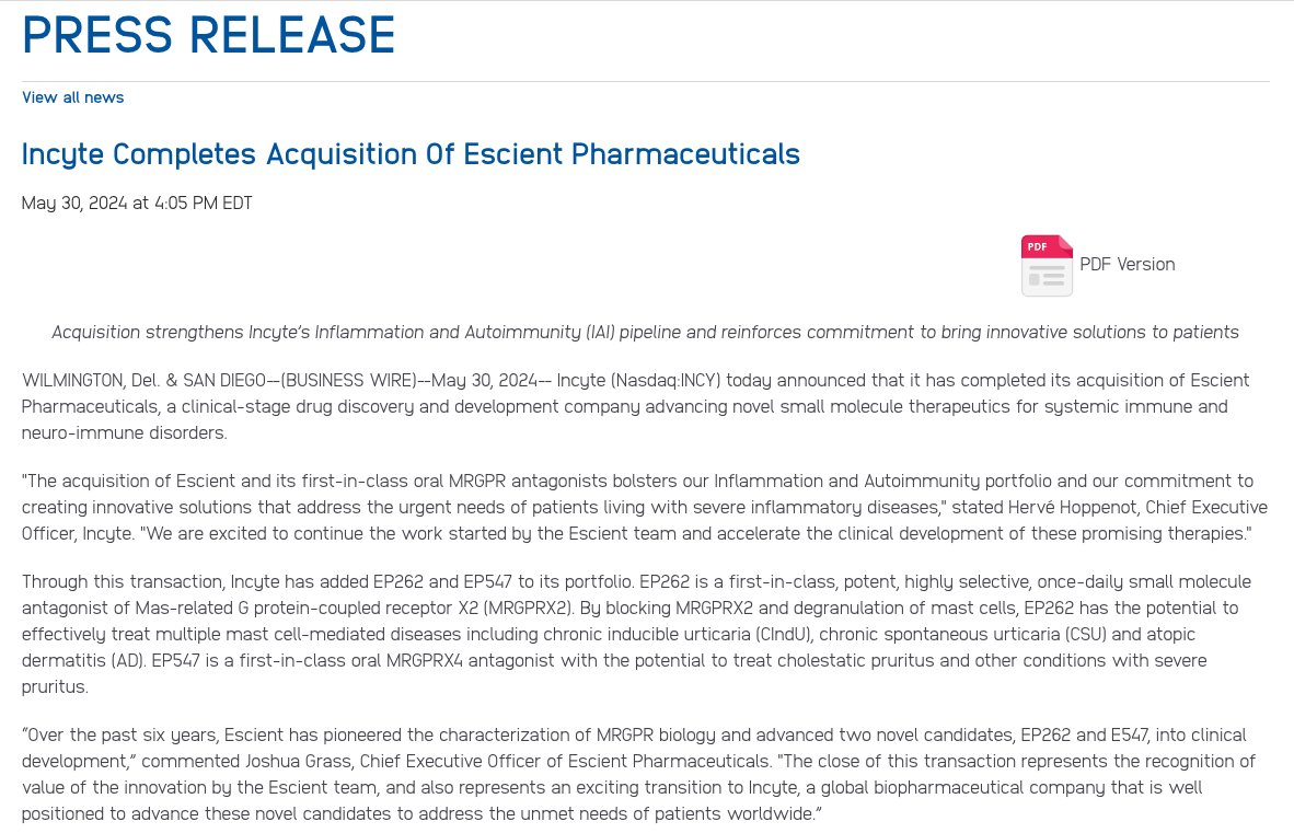 📣 M&A News: $INCY acquired Escient Pharmaceuticals 🤝 ⇨ Acquired for $750M++💰 ⇨ Strengthening portfolio with novel MRGPR antagonists. ⇨ New additions: EP262 & EP547 targeting severe inflammatory diseases. See image for more details! 📸 👇