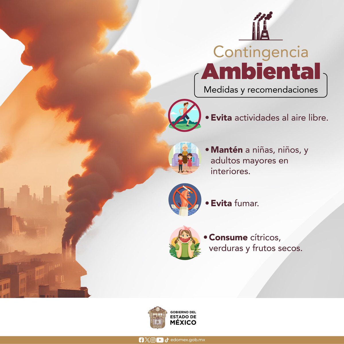 La Contingencia Ambiental continúa y es importante cuidar de tu salud. Considera las recomendaciones de la @SaludEdomex para evitar complicaciones. Protege a niñas, niños y adultos mayores. ¡Mantente informado!