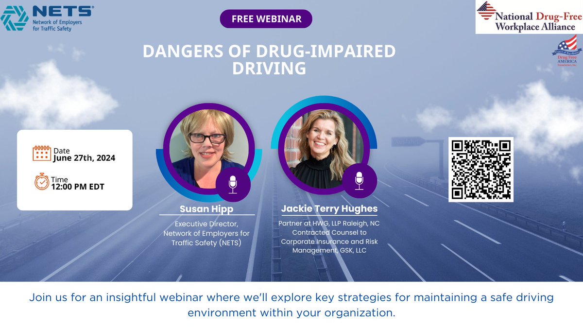 Join the National Drug-Free Workplace Alliance (NDWA) and NETS for an insightful webinar on the "Dangers of Drug-Impaired Driving," where we'll explore key strategies for maintaining a safe driving environment within your organization. us02web.zoom.us/webinar/regist…