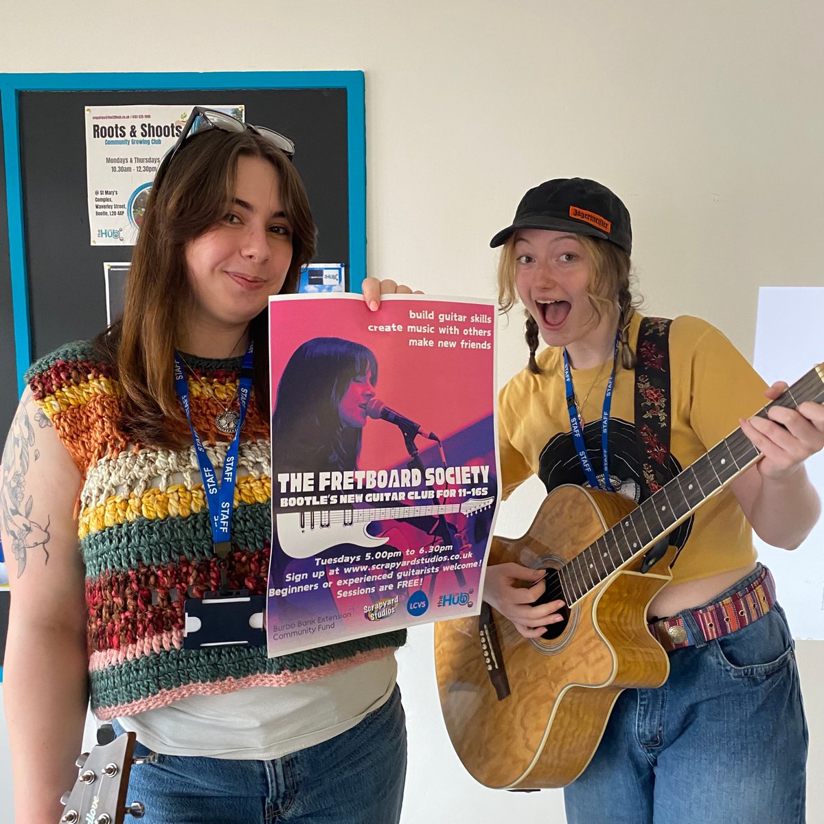 Meet Grace and Jess who lead Fretboard Society, or new guitar club for 11-16s. 🎸 
Do you know a young person who'd benefit from our free guitar sessions? 
Whether new to guitar or experienced they'll have plenty to get stuck into. 🌟 
Sign up at buff.ly/3QpIFkm.