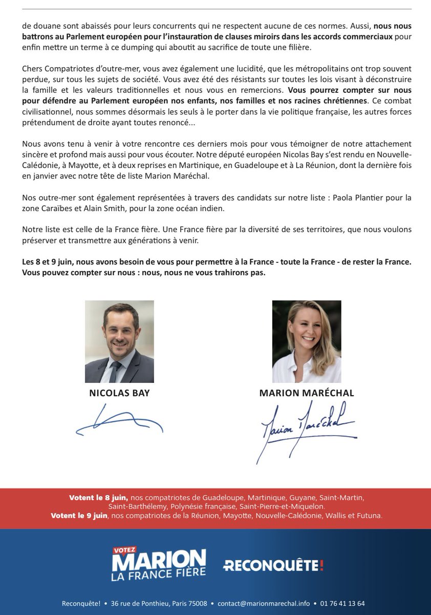NicolasBay_'s tweet photo. Chers compatriotes de nos départements et collectivités d’outre-mer, avec @MarionMarechal, nous avons un message pour vous.

#VotezMarion https://t.co/Y0IrDxRT9g