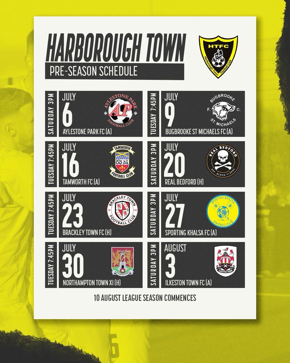 🐝𝗣𝗥𝗘-𝗦𝗘𝗔𝗦𝗢𝗡 𝗙𝗜𝗫𝗧𝗨𝗥𝗘𝗦🐝

Save the dates #UpTheBees fans. Here's our pre-season fixtures ahead of our inaugural season at Step 3

@officialAPFC @BadgersUcl @tamworthfc @realbedford @BrackleyTownFC @SportingKhalsa @ntfc @ilkestontown_fc @SouthernLeague1 #Harborough