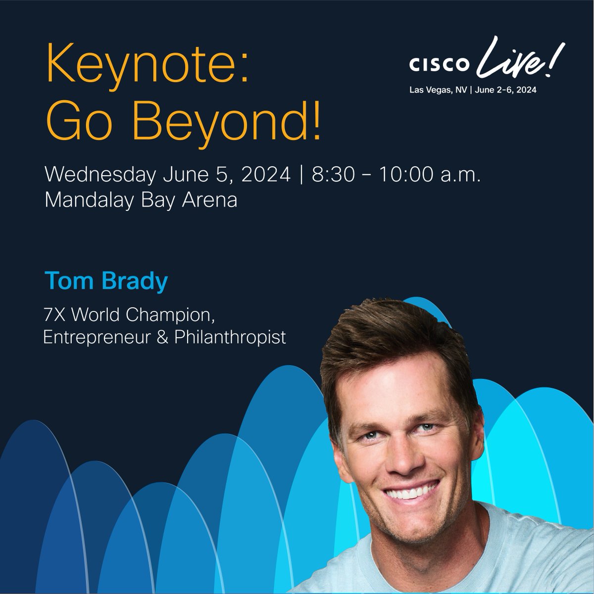 CiscoLive's tweet photo. Who else is excited to see seven-time World Champion and entrepreneur @TomBrady at #CiscoLive? 🙋🏈
Be sure to tune in June 5th to see him live on the global broadcast. https://t.co/NLUHZfjpS0
