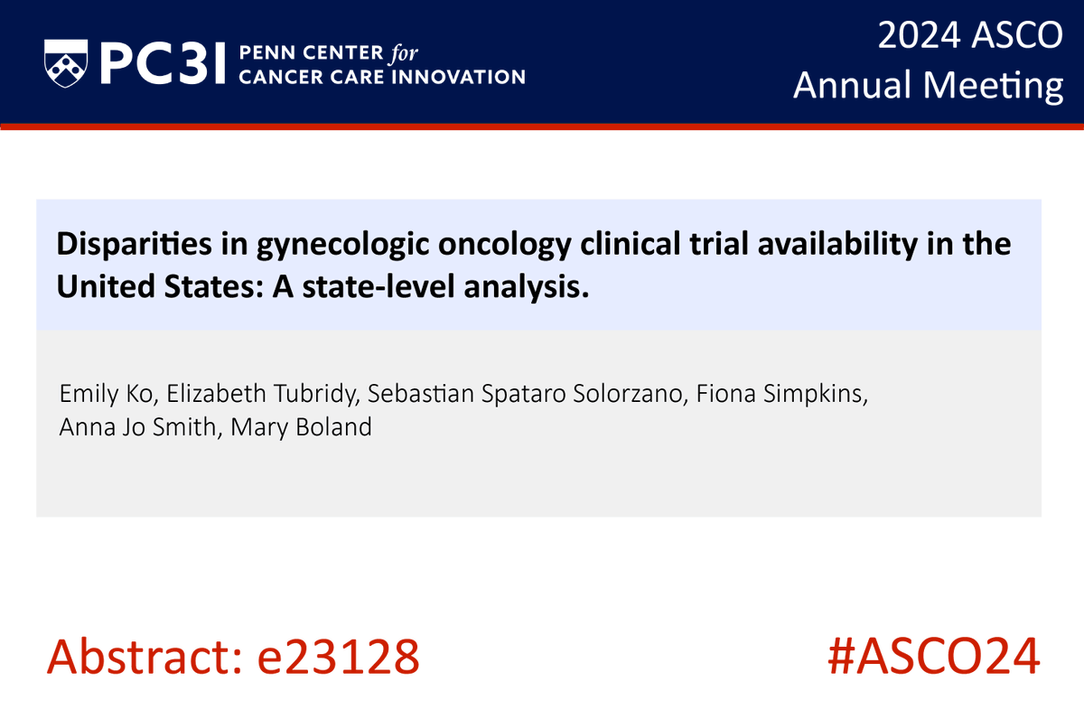 #PC3IatASCO: Emily Ko, Anna Jo Smith, <a href="/MaryRBoland/">Mary Regina Boland, MA, MPhil, PhD, FAMIA</a>, &amp; team analyze geographical disparities in #gynecologic #oncology clinical trial availability in the United States. #ASCO24 <a href="/ASCO/">ASCO</a> #ASCO

meetings.asco.org/abstracts-pres…