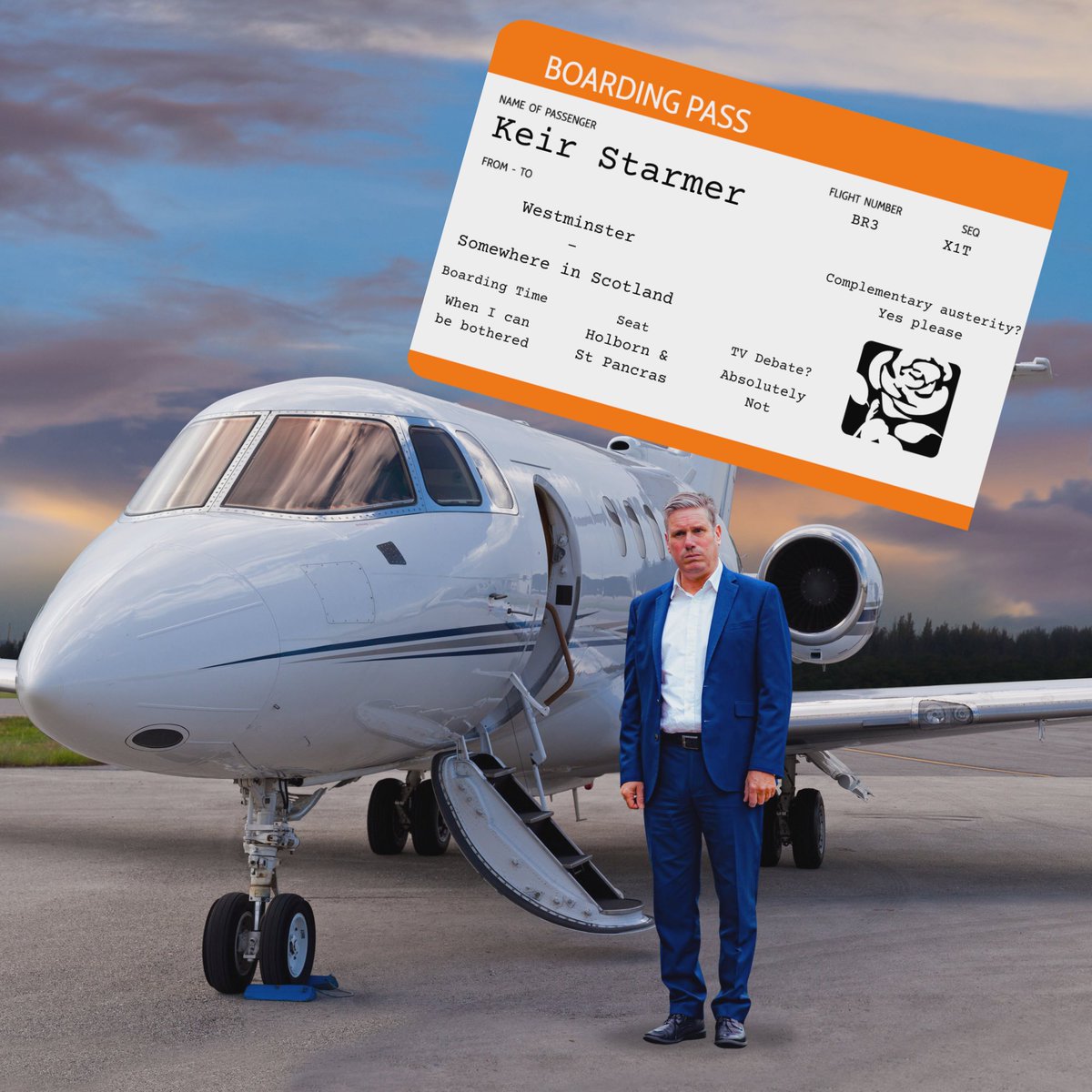 theSNP's tweet photo. 👋 Hey @Keir_Starmer, we heard you came to Scotland today to announce your green policy agenda on a private jet!

Next time you come here, why not use the trains we nationalised instead? 

We’ve even scrapped peak fares to sweeten the deal! https://t.co/fDRSpsfxWI