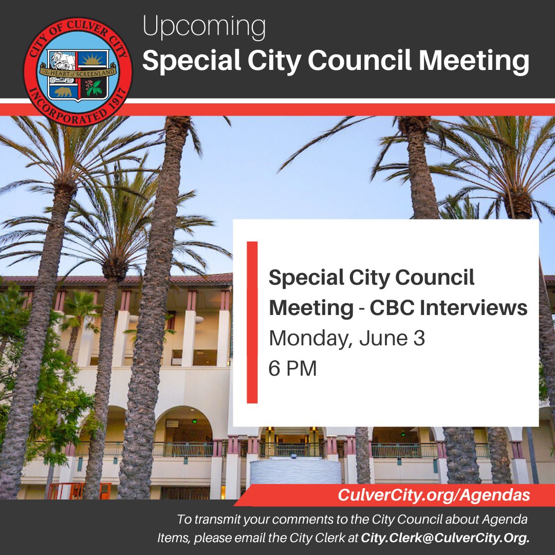 (1/2) The agenda is now available for the #CulverCity Special City Council Meeting on Monday, June 3rd at 6 PM in the Mike Balkman Council Chambers.

For more information, visit: content.govdelivery.com/accounts/CACUL…