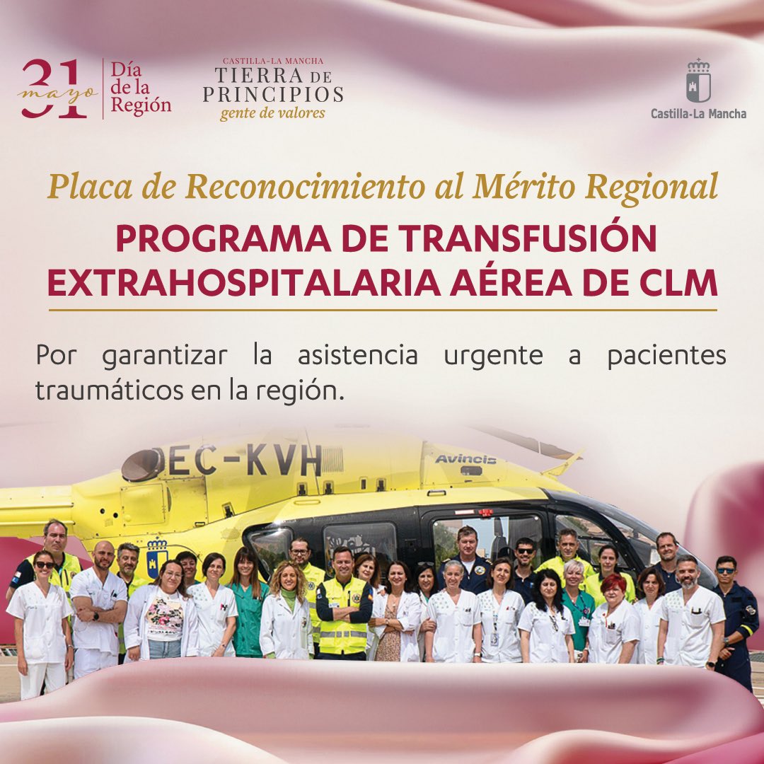 Hoy, el <a href="/gobjccm/">Gobierno de Castilla-La Mancha</a>, en el #DiaCLM ha otorgado el Reconocimiento al Mérito Regional, a la <a href="/GUETS_CLM/">GUETS</a> de <a href="/SanidadCLM/">Sanidad CLM</a> por

🩸Programa de Transfusión Extrahospitalaria Aérea de CLM

Gracias a todos/as los/las profesionales que lo han hecho realidad.

Nos toca seguir creciendo.

Gracias