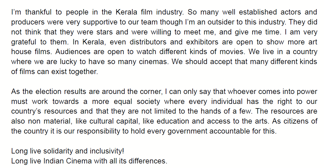 From Payal Kapadia's official statement