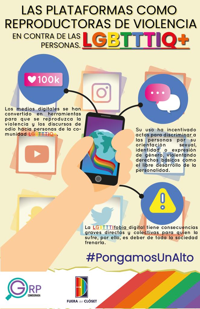 #SabíasQué Las plataformas digitales también pueden ser reproductores de violencia
contra las personas #LGBTTTIQ+. 🏳️‍🌈🏳️‍⚧️

#PongamosUnAlto 🛑 No compartas mensajes de odio o actos que puedan incentivar la discriminación.

🏷 @FueraCloset_AC