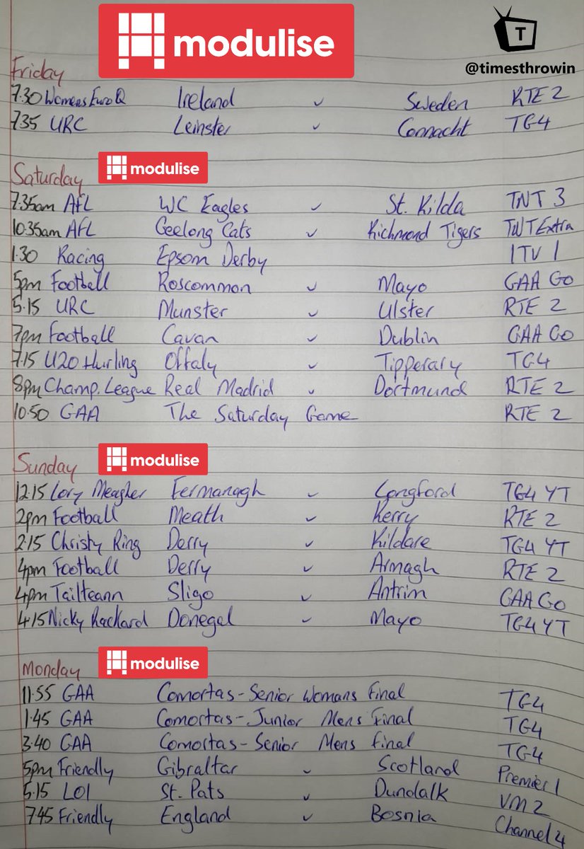 These bankers just keep coming around and our sports schedule just keeps getting better! 💃

It looks like she’s going to be a bad weekend to be a pint bottle! Our friends at Met Éireann are promising us a lovely one! ☀🍻 

This schedule is sponsored by Modulise! 🚀