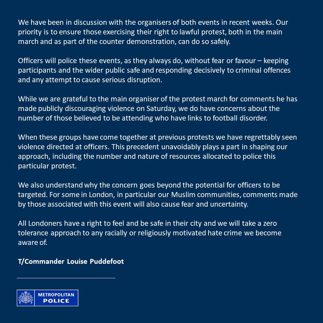 metpoliceuk's tweet photo. A protest organised by ‘Tommy Robinson’ will take place in central London tomorrow afternoon. It will involve a march from Victoria to Parliament Square followed by a film screening and speeches.
A counter protest, organised by Stand Up To Racism, will take place in Whitehall. https://t.co/K4dZXqMvgs