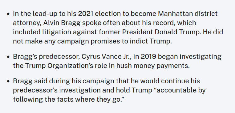 'The district attorney who campaigned on a promise to prosecute Donald Trump, brought these charges precisely because of who  the defendant was rather than because of specified criminal conduct' - @SenatorCollins 

Reality: