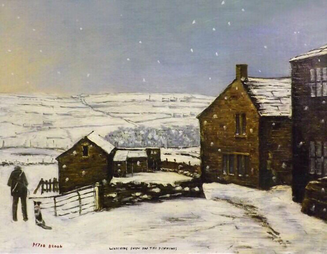 Not all of Peter Brook’s winter work portrays a bleak and unforgiving landscape, ‘Watching Snow in the Pennines’, with its softly falling flakes and patch of light in the sky illuminating the scene, having a warm and almost reassuring feel to it. (Sold by KLM Auctioneers in 2014)