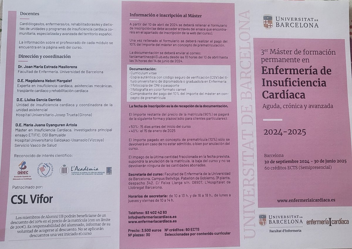 Quedan 14 días para poder hacer la inscripción al 3er Master de Enfermería de Insuficiencia Cardiaca en la Universidad de Barcelona. Más información en enfermeriaicardiaca.es
